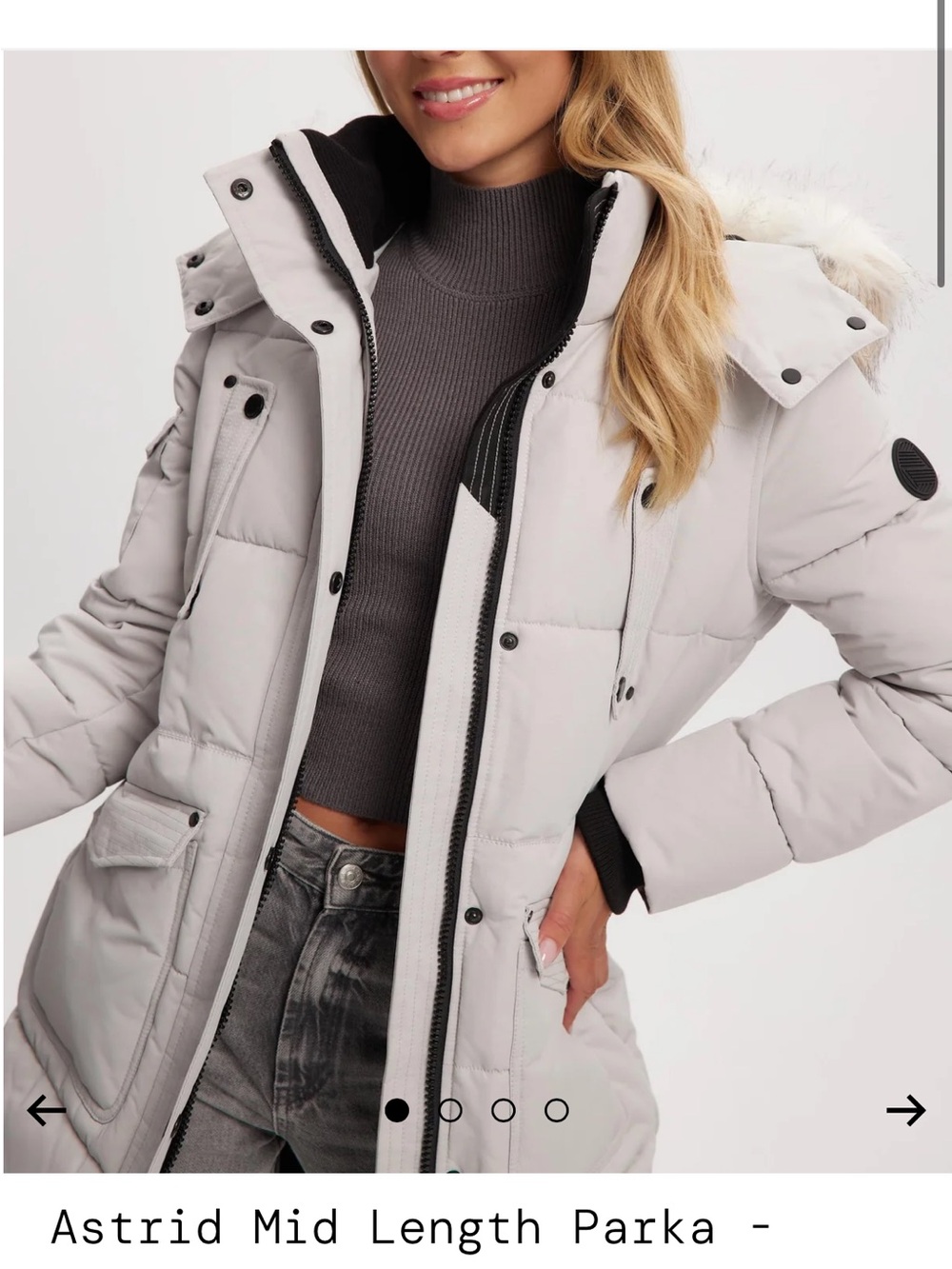 Noize Astrid Mid-Length Parka - Light Gray with Faux-Fur Trim
